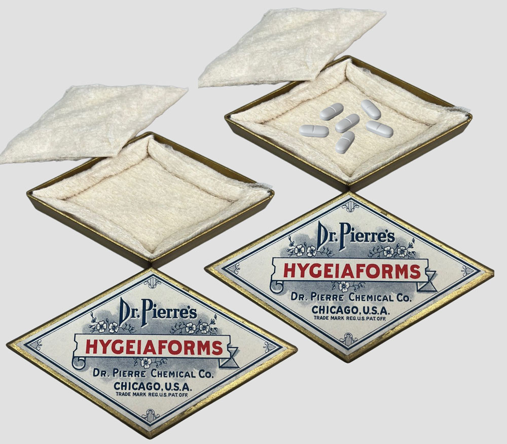 image depitces a diamond shaped cardboard box open with the title Dr. Pierre's HYGEIAFORMS by Dr. Pierre Chemical C;. Chicago USA. The inside has padding. a second image depicts tablets in the empty box.